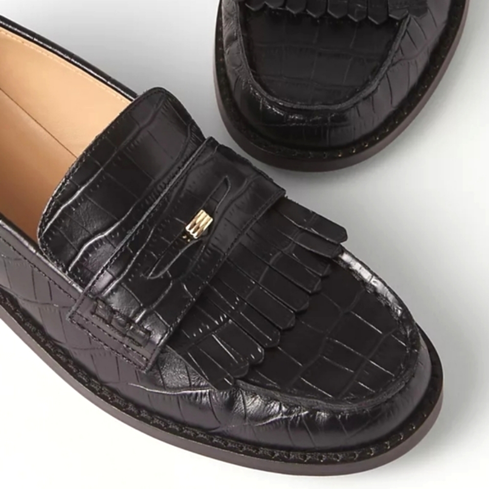 NEW! ANN TAYLOR Black Leather Crocodile Fringe Flat Loafers 9.